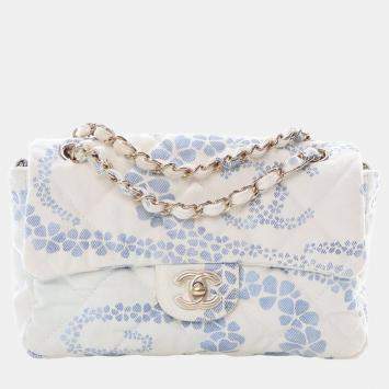 Pre Owned Chanel Small Blue/White Denim Coco Beach Flap Bag
