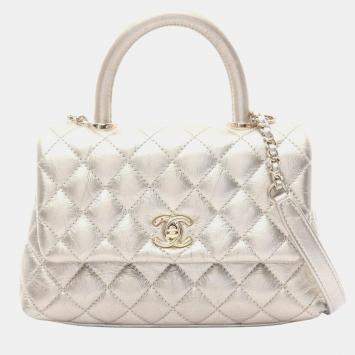 Pre Owned Chanel Coco Handle Flap Matelasse Handbag Leather Silver