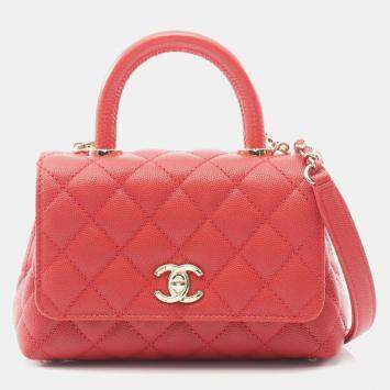 Pre Owned Chanel Coco Handle Xxs Top Handbag In Grained Calfskin Caviar Leather Red