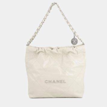 Pre Owned Chanel Handbag 22 Light Grey Shiny Calfskin Leather