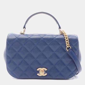 Pre Owned Chanel Matelasse Top Handle Shoulder Bag In Grained Calfskin Leather Blue