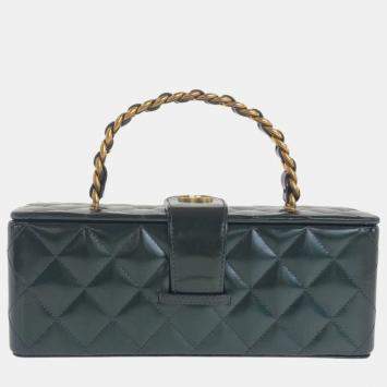 Pre Owned Chanel Vintage Matelasse Dark Green Metallic Enamel Handbag Vanity Bag