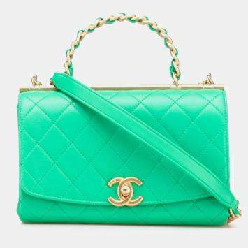 مملوكة مسبقًا Chanel Matelasse Coco Mark Top Handle Shoulder Bag Tote 2-Way Green Gold Lambskin