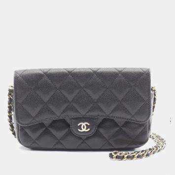 مملوكة مسبقًا Chanel Matelasse Chain Phone Case Wallet Shoulder Bag In Grained Calfskin Leather Black