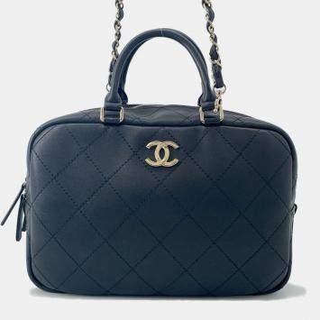 Pre Owned Chanel Handbag Matelasse Coco Mark Bowling Bag Calf Leather