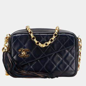 Pre Owned Chanel Matelasse Coco Mark Fringe Chain Shoulder Bag Navy Lambskin