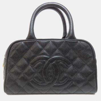 Pre Owned Chanel Mini Boston Bag Matelasse Gold Hardware Grained Calfskin