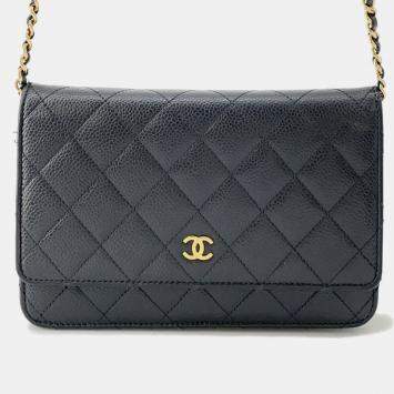 مملوكة مسبقًا Chanel Chain Wallet Classic Matelasse Coco Mark Caviar Skin Black