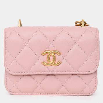 Pre Owned Chanel 2021 Pink Leather 'Pearl Crush' Mini Crossbody Bag