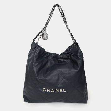 Pre Owned Chanel Navy Leather 22 Small Tote Silver-Hardware