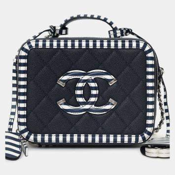 Pre Owned Chanel 2019 Navy/White Caviar Quilted Striped Small CC Filigree Vanity Case