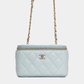 Pre Owned Chanel 2021 Blue Caviar Leather Quilted CC Vanity Top Handle Bag