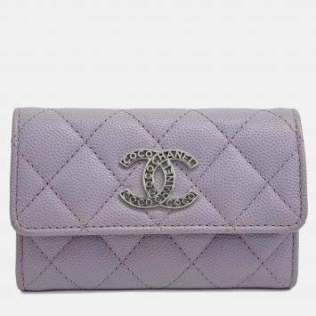 Pre Owned Chanel Purple Leather Caviar Card Holder