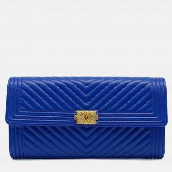 Pre Owned Chanel Blue Leather Chevron Boy Long Wallet