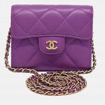 Pre Owned Chanel Purple Leather Lambskin Chain Card Holder