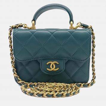 Pre Owned Chanel Green Leather Top-Handle Coin Pulse Chain Bag