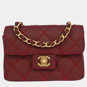 Pre Owned Chanel Red Calfskin Wild Stitch Mini Classic Square Flap Bag