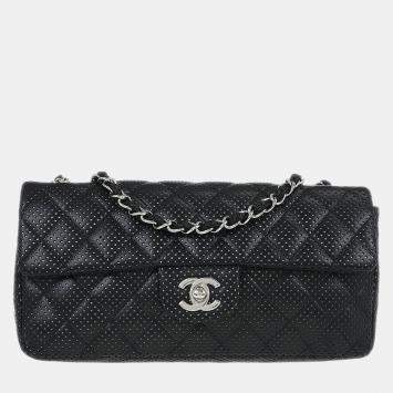 Pre Owned Chanel East West Black Perforated Lambskin Leather Shoulder Bag
