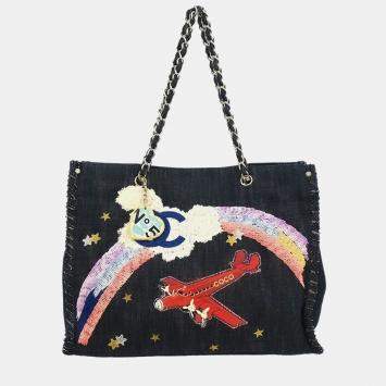 Pre Owned Chanel Navy Denim Night Flight Tote Handbag