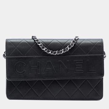 Pre Owned Chanel Black Quilted Lambskin Embossed LAX Wallet On Chain