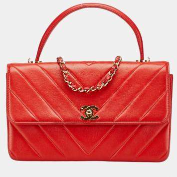 Pre Owned Chanel Chevron V-Stitch Coco Mark Handbag Red Lambskin