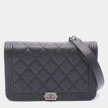 Pre Owned Chanel Boy Chanel Matelasse Shoulder Bag In Caviar Grained Calfskin Black