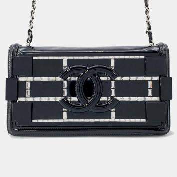 Pre Owned Chanel Chain Shoulder Bag  Lego Boy  Coco Mark  Patent Leather  Rhinestones  Black