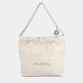 Pre Owned Chanel Chanel22 Handbag Light Gray Shiny Calf Leather Size Small