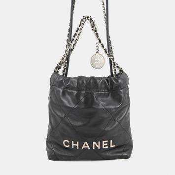 Pre Owned Chanel Chanel22 Chain shoulder Bag Black Shiny Calf Leather Size Mini