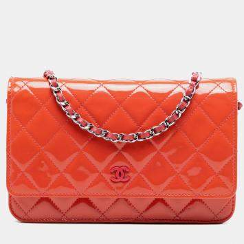Pre Owned Chanel Orange CC Quilted Patent Wallet On Chain