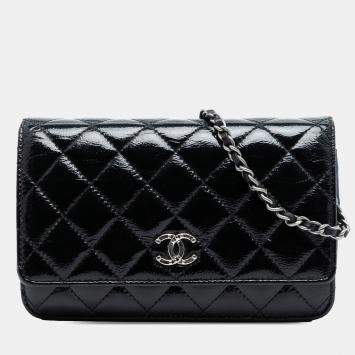 Pre Owned Chanel Black CC Quilted Patent Wallet On Chain