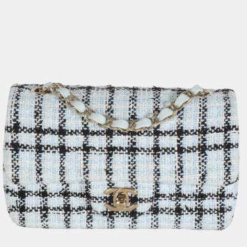 Pre Owned Chanel Blue White Tweed Quilted Mini Rectangular Flap Bag
