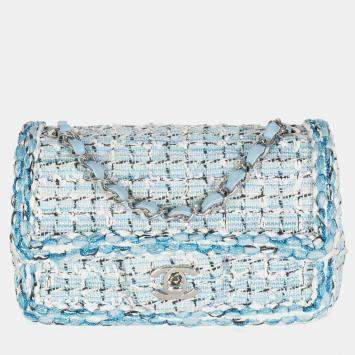 Pre Owned Chanel Blue White Quilted Metallic Tweed Braided Mini Rectangular Flap Bag