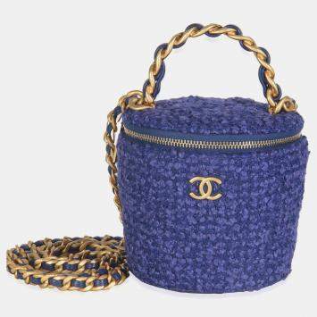 Pre Owned Chanel Blue Quilted Tweed Afternoon Tea Top Handle Vanity Case With Chain
