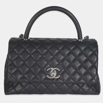 Pre Owned Chanel Black Quilted Caviar Medium Coco Top Handle Handbag