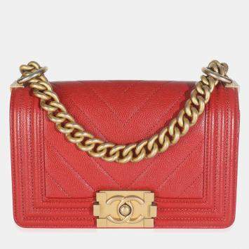 Pre Owned Chanel Red Quilted Caviar Chevron Small Boy Handbag
