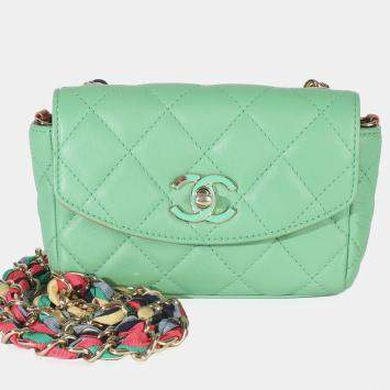 Pre Owned Chanel Green Quilted Lambskin Ribbon Chain Mini Flap Bag