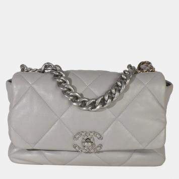 Pre Owned Chanel Grey Shiny Quilted Lambskin Large Chanel 19 Flap Bag