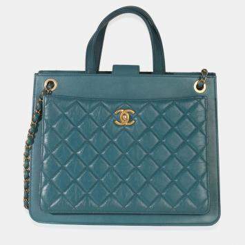 Pre Owned Chanel Teal Quilted Calfskin Large Business Affinity Shopping Bag