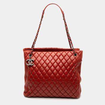 Pre Owned Chanel Orange Small Quilted Iridescent Calfskin New Bubble Tote