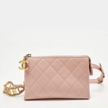 مملوكة مسبقًا Chanel Logo Strap Pink Quilted Leather Belt Bag