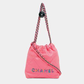 Pre Owned Chanel Pink Mini Shiny Calfskin Rainbow Hardware 22 Handbag
