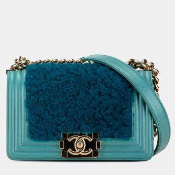 Pre Owned Chanel Blue Small Shearling Boy Flap
