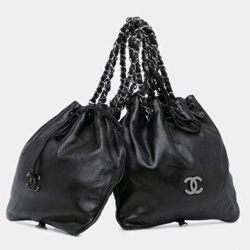 Pre Owned Chanel Black CC Calfskin Dual Twin Chain Handbag