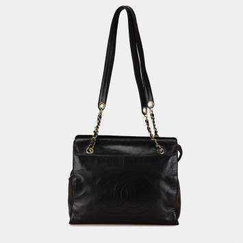 مملوكة مسبقًا حقيبة شانيل سوداء سلسلة جلد الحمل CC توت
