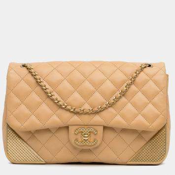 Pre Owned Chanel Yellow Medium Classic Lambskin Metal Edge Shoulder Bag