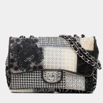 Pre Owned Chanel White Jumbo PVC and Tweed Patchwork Single Flap
