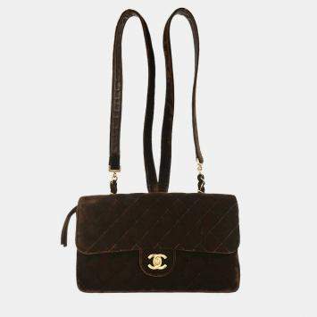 Pre Owned حقيبة ظهر شانيل مخمل بني سلسلة