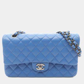 Pre Owned Chanel Classic Double Flap Medium Blue Leather Shoulder Bag