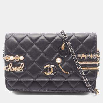 Pre Owned Chanel Coco Clips Black Lambskin Leather Clutch Bag